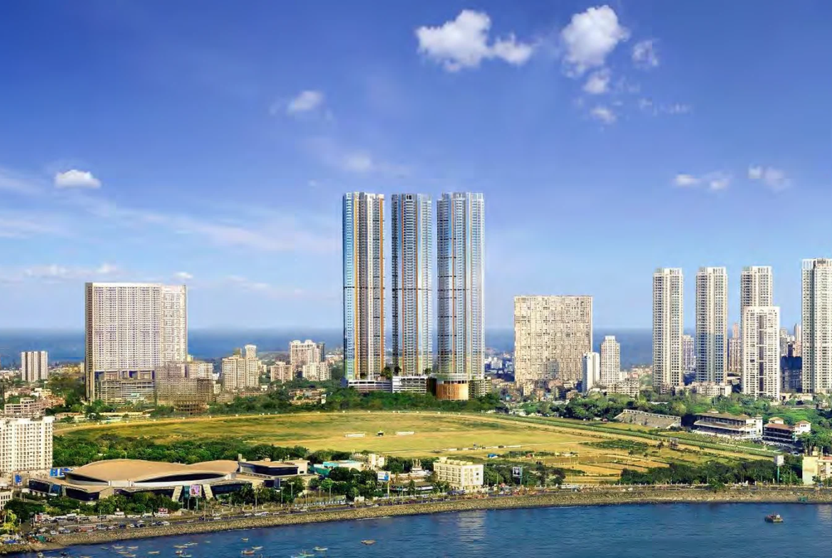 Piramal Mahalaxmi towers rising over Mahalaxmi Racecourse and the South Mumbai skyline seen from the bay