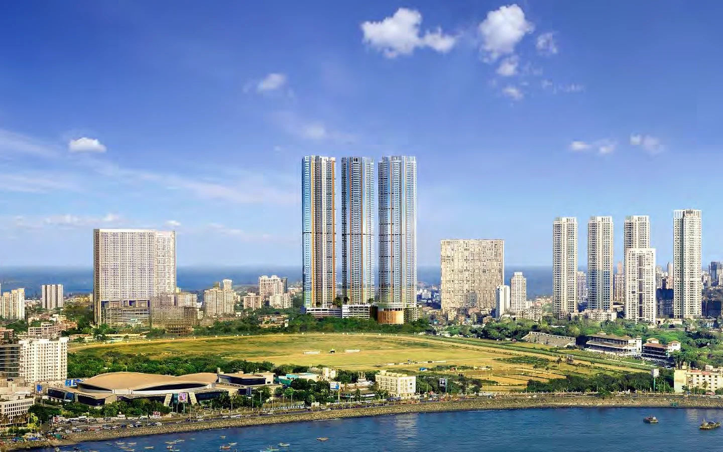 Piramal Mahalaxmi towers rising over Mahalaxmi Racecourse and the South Mumbai skyline seen from the bay