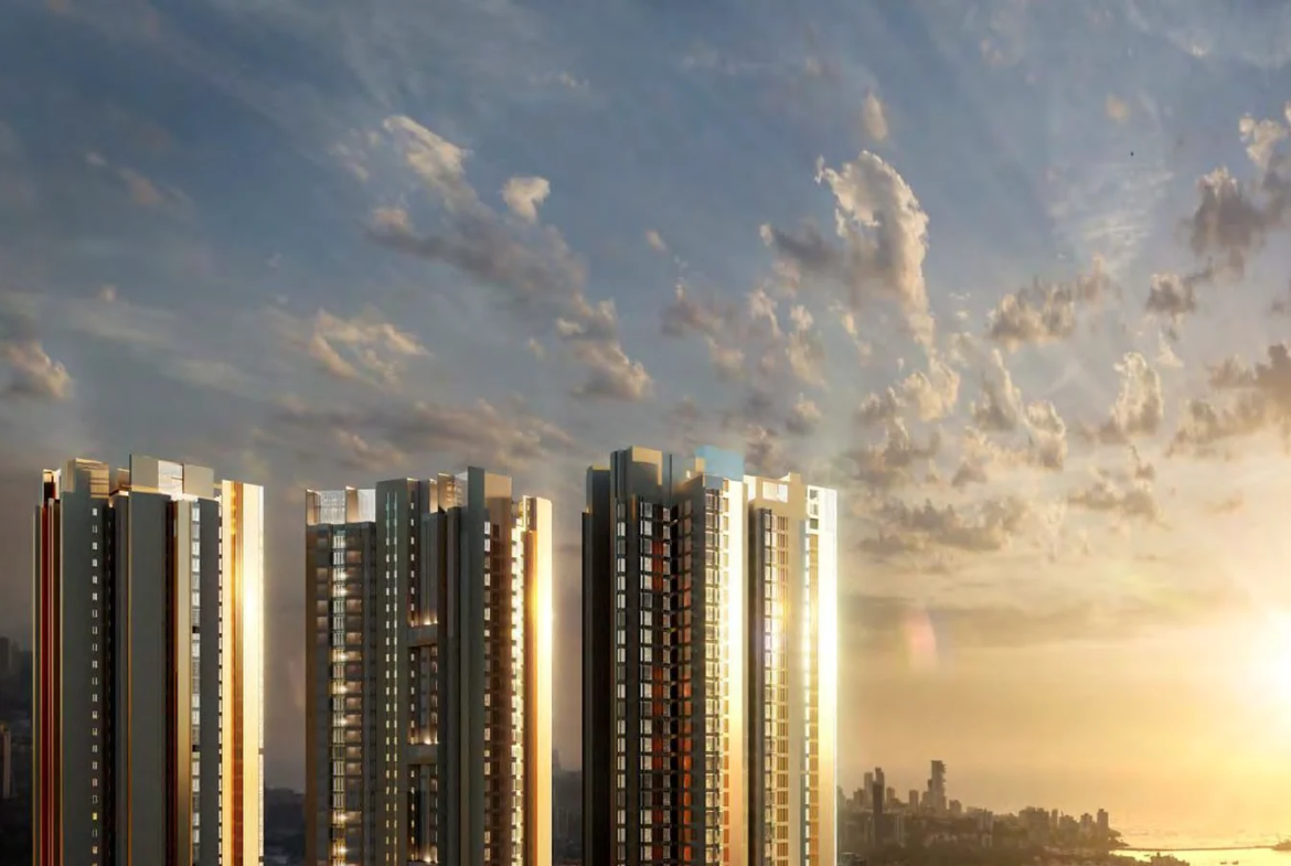 Piramal Mahalaxmi residential towers at sunset overlooking the Arabian Sea, South Mumbai
