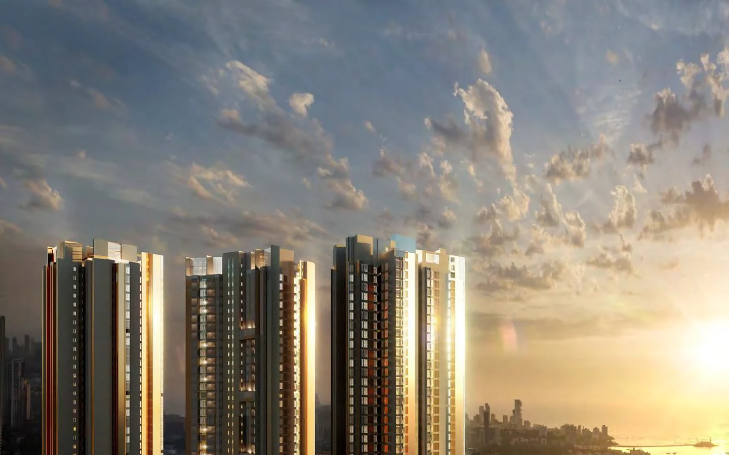 Piramal Mahalaxmi residential towers at sunset overlooking the Arabian Sea, South Mumbai