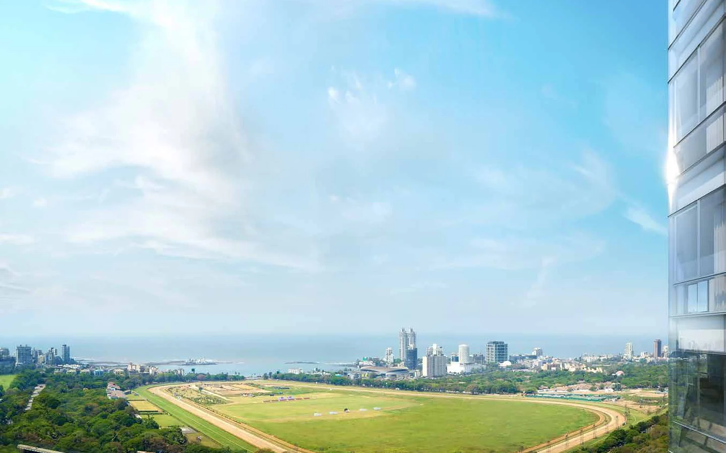 Panoramic view of Mahalaxmi Racecourse and the Arabian Sea from Piramal Mahalaxmi, South Mumbai