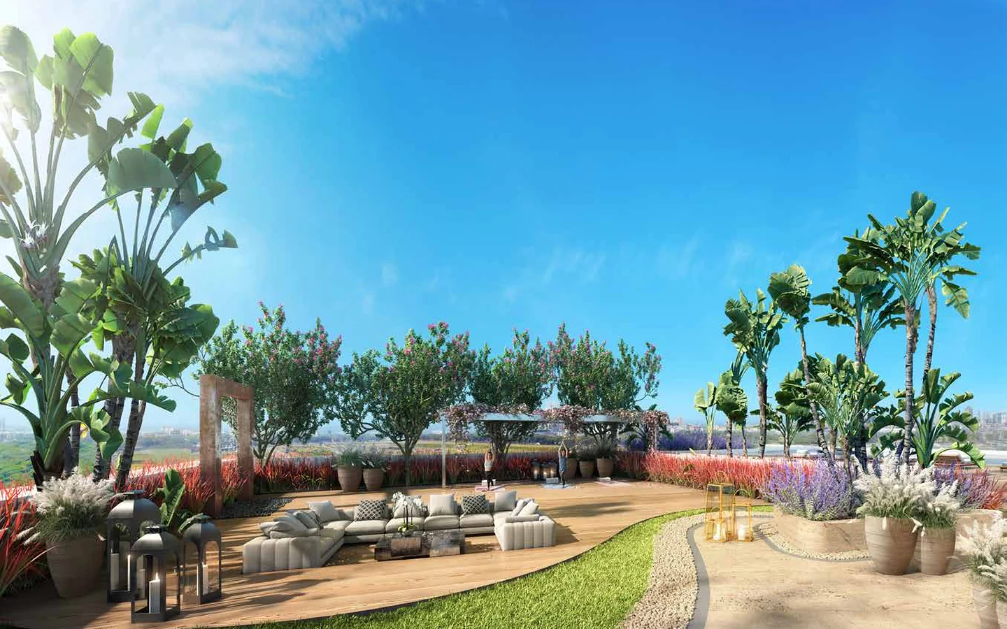 Landscaped podium garden with palms, flowering plants and seating areas at Piramal Mahalaxmi, South Mumbai