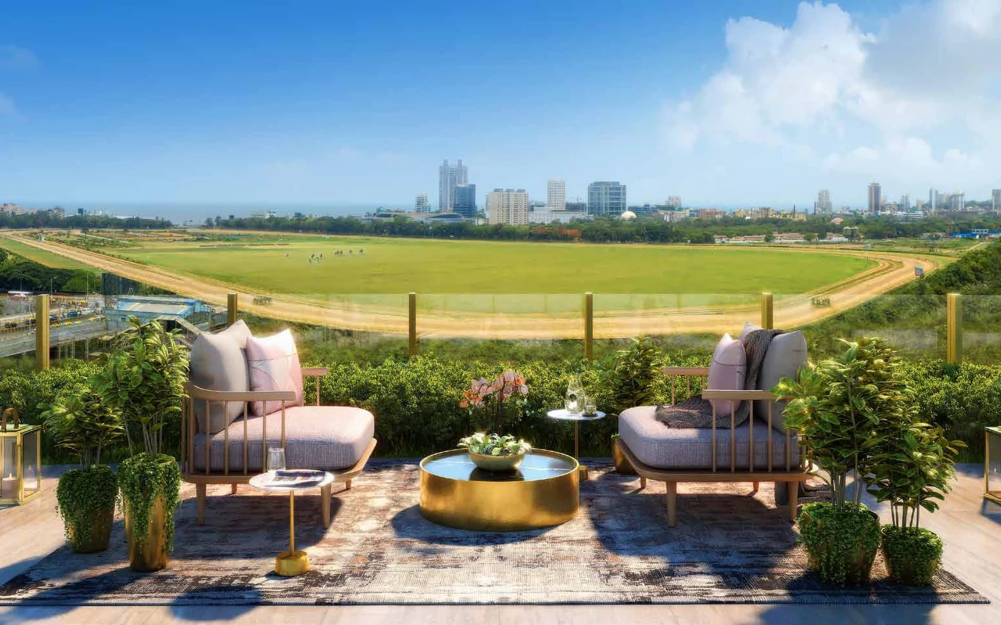 Open-air clubhouse lounge deck overlooking Mahalaxmi Racecourse at Piramal Mahalaxmi, South Mumbai