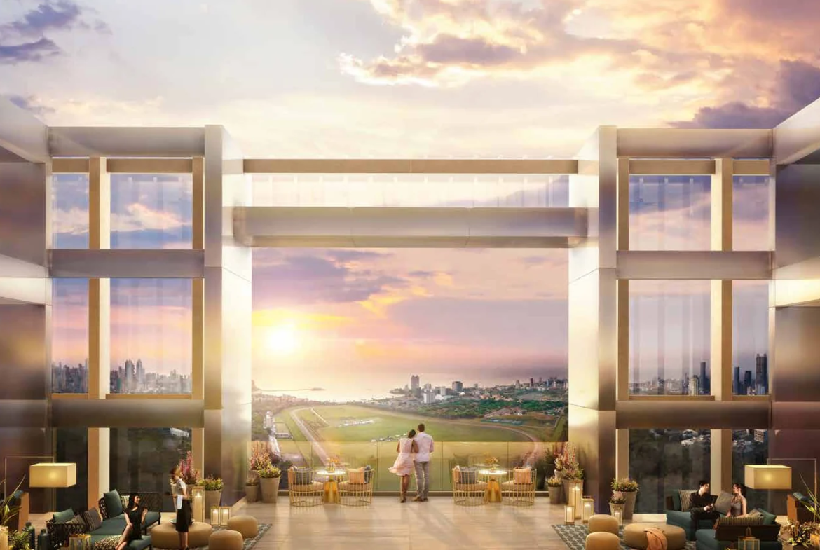 Rooftop observatory deck lounge with sunset view over the Arabian Sea and racecourse at Piramal Mahalaxmi, South Mumbai