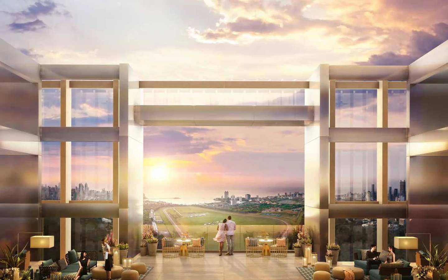 Rooftop observatory deck lounge with sunset view over the Arabian Sea and racecourse at Piramal Mahalaxmi, South Mumbai