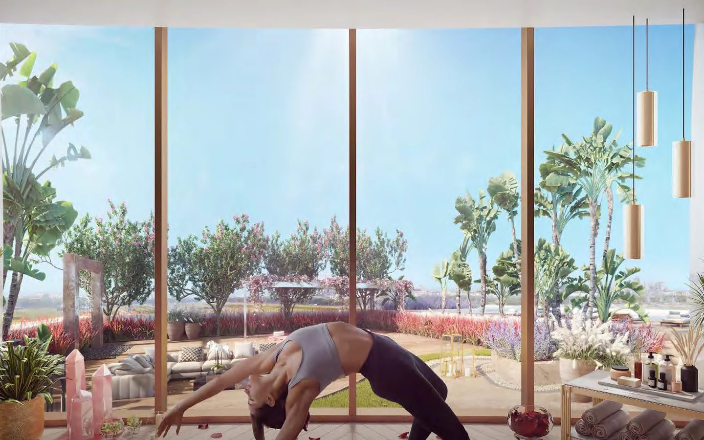 Yoga room with floor-to-ceiling glass and garden view at Piramal Mahalaxmi, South Mumbai