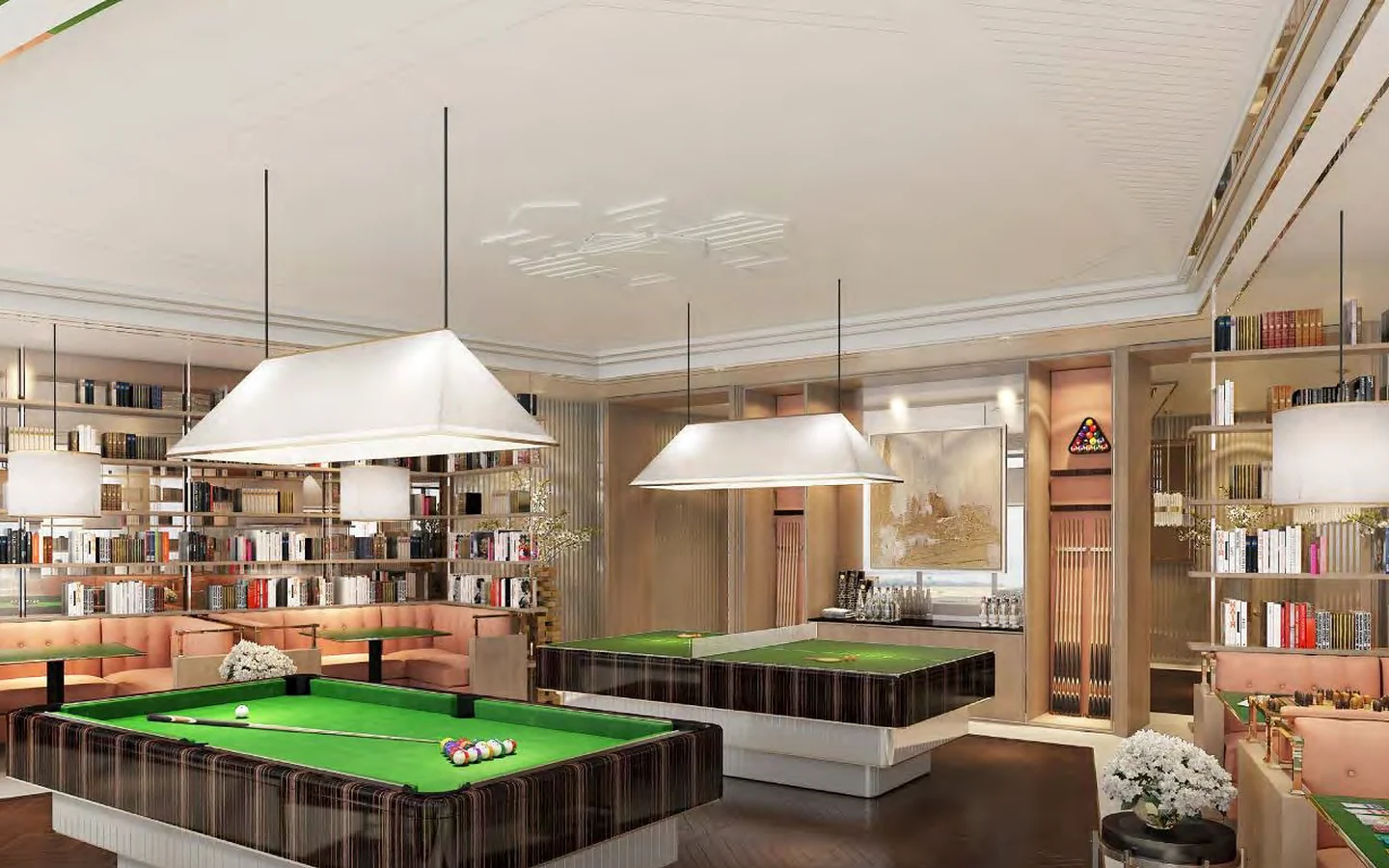 Games room with pool tables and lounge seating at Piramal Mahalaxmi, South Mumbai