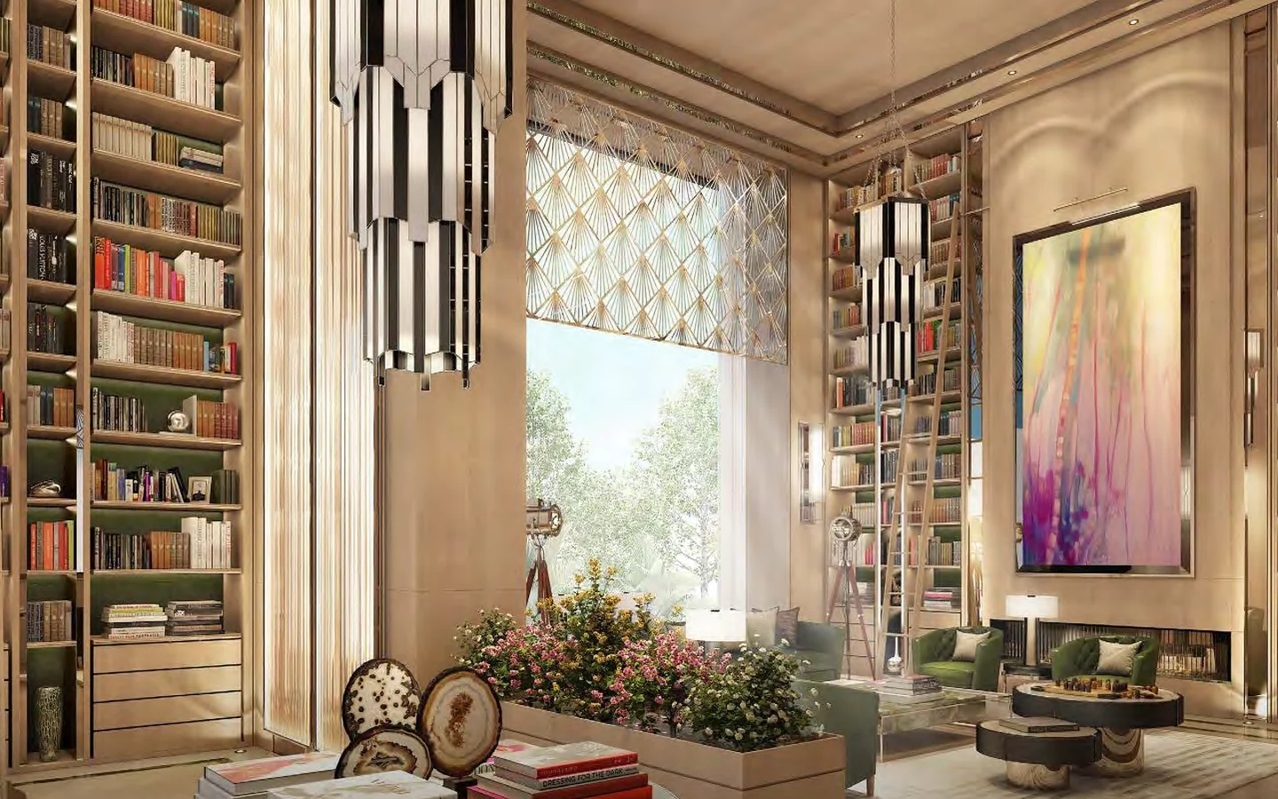 Double-height library and reading lounge with bookshelves at Piramal Mahalaxmi, South Mumbai