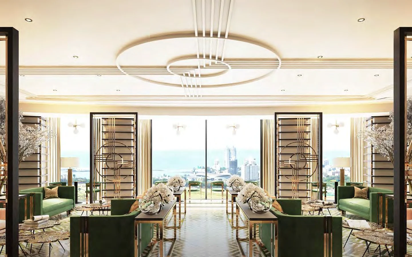 Luxury lounge with designer seating and city view windows at Piramal Mahalaxmi, South Mumbai