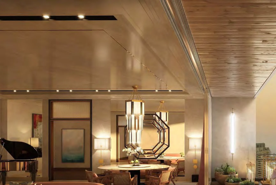 Sample living lounge with grand piano and city view balcony at Piramal Mahalaxmi, South Mumbai