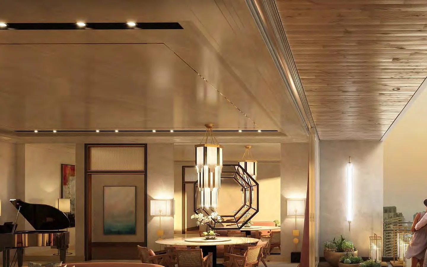 Sample living lounge with grand piano and city view balcony at Piramal Mahalaxmi, South Mumbai