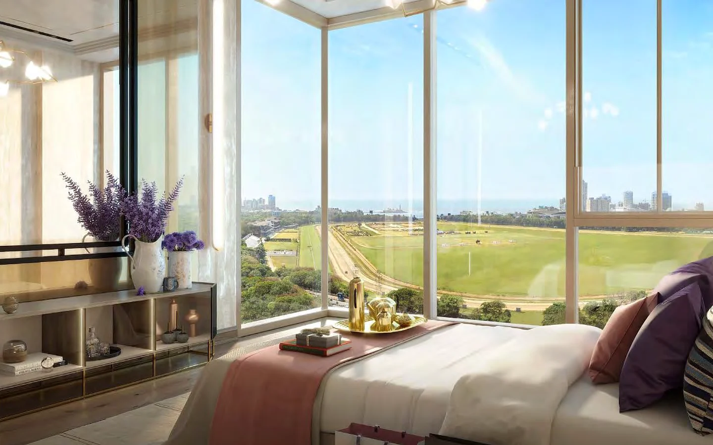 Sample master bedroom with corner glass windows overlooking Mahalaxmi Racecourse at Piramal Mahalaxmi, South Mumbai