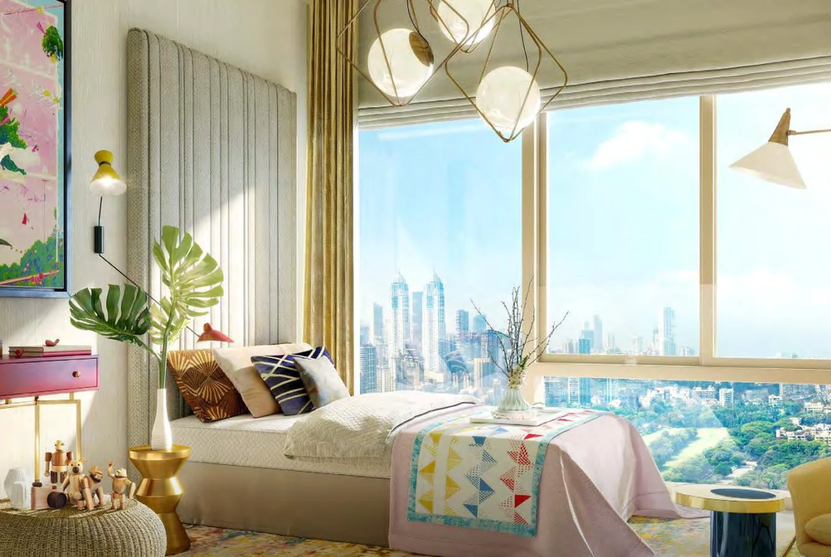 Sample kids bedroom with large window and South Mumbai skyline view at Piramal Mahalaxmi, South Mumbai