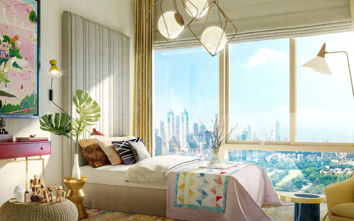 Sample kids bedroom with large window and South Mumbai skyline view at Piramal Mahalaxmi, South Mumbai
